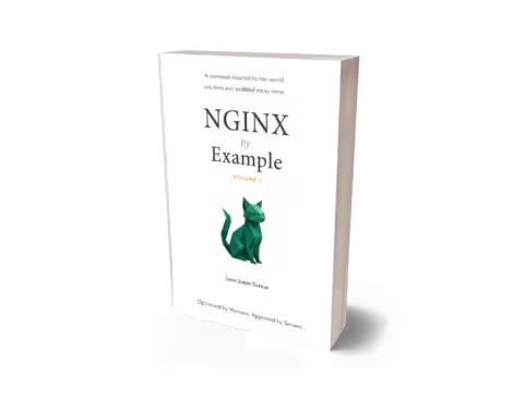 NGINX by Example book cover showing a green squid illustration on a white background.