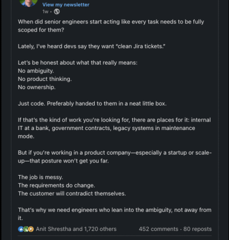 A LinkedIn post claiming that "clean tickets" mean there's no product thinking in the team. The post implies that well-documented work tickets are a sign of dysfunction or lack of creativity.